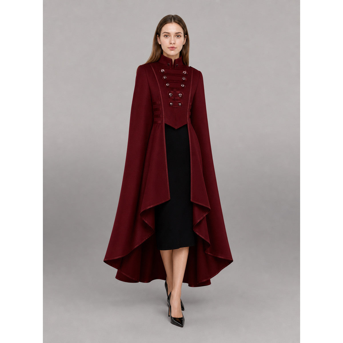 Burgundy Gothic Dress with a Black Panel front view