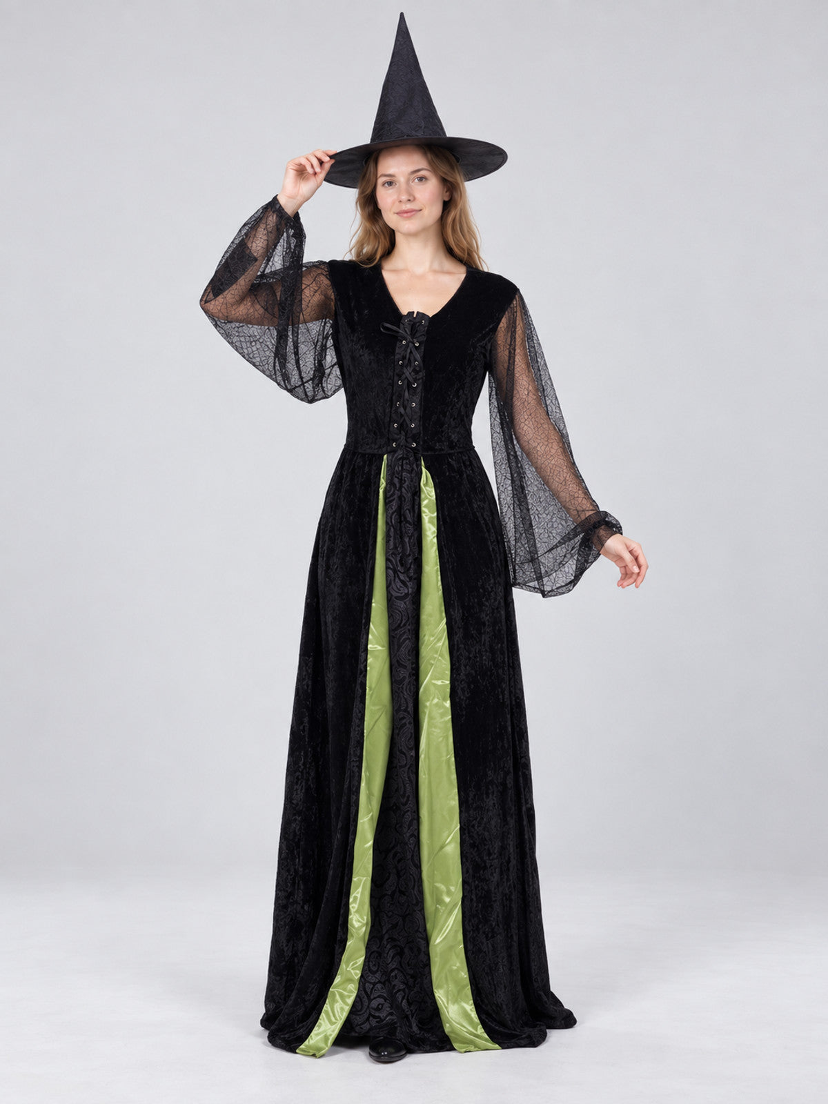 Witch Costume: Black Dress with Green Insert and Hat