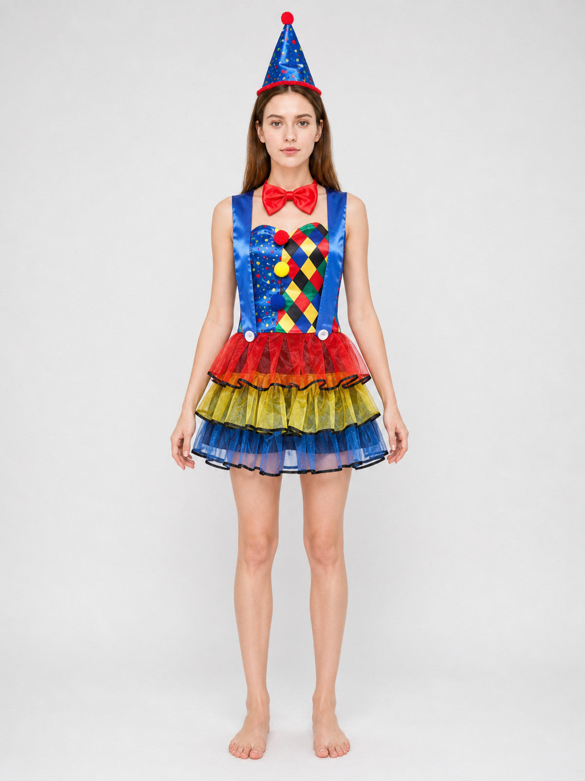 Clown Costume with Dress, Bow, and Hat front view