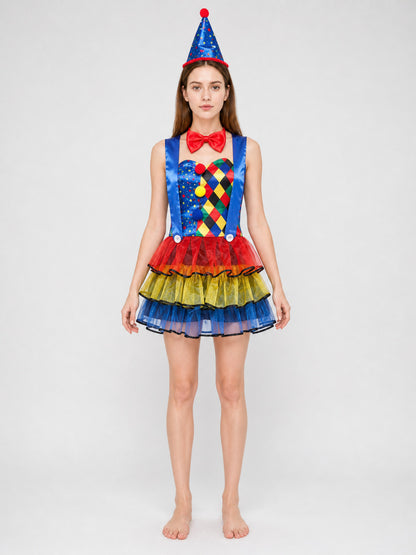 Clown Costume with Dress, Bow, and Hat front view
