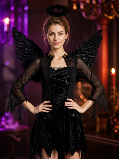 Black Angel Costume with Wings and Halo on-model view