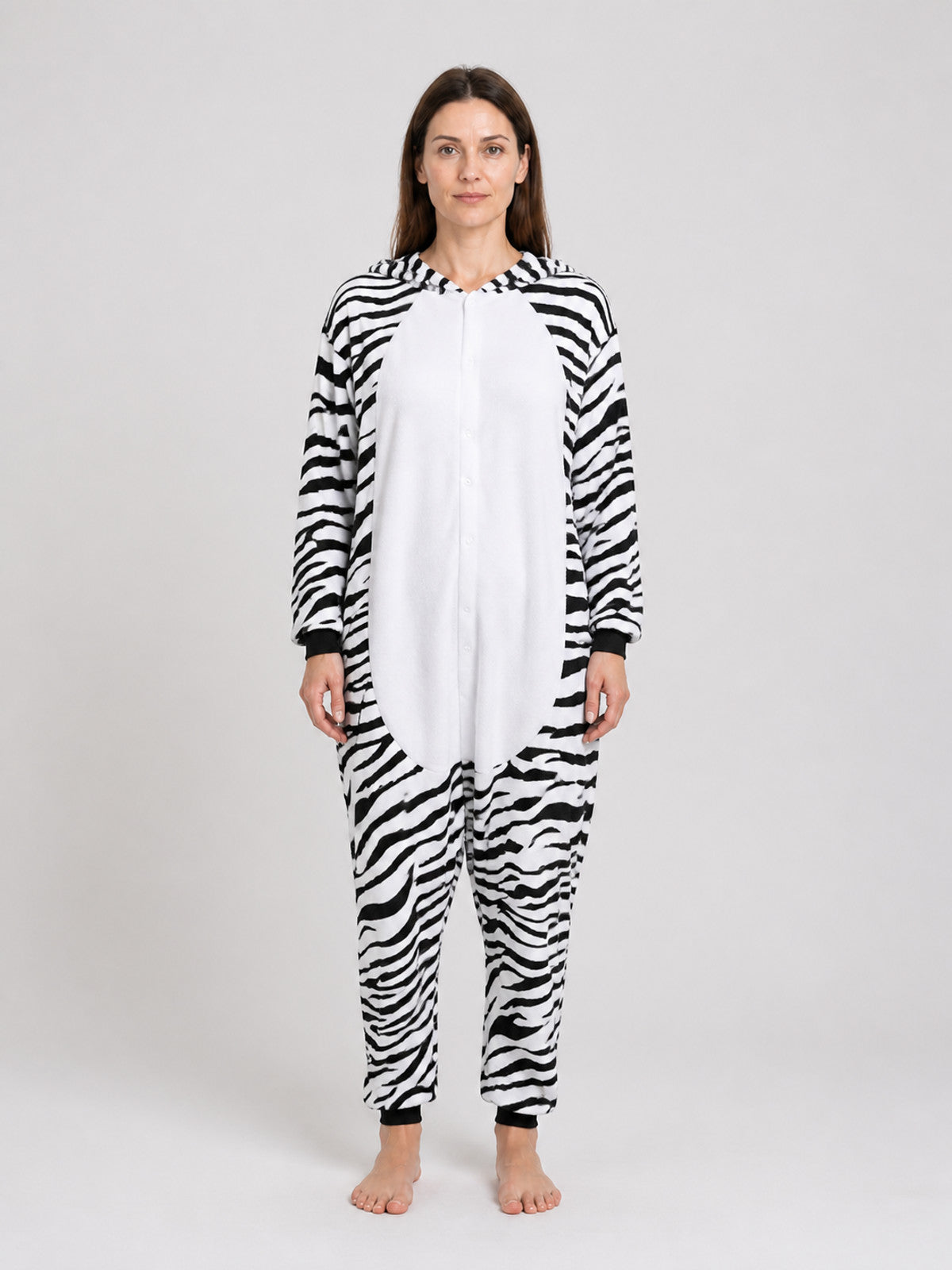 Flannel Zebra Long-Sleeve Pajama Jumpsuit on-model view