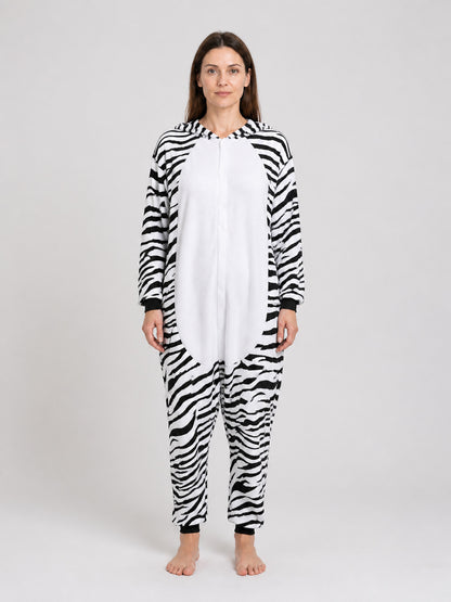 Flannel Zebra Long-Sleeve Pajama Jumpsuit on-model view