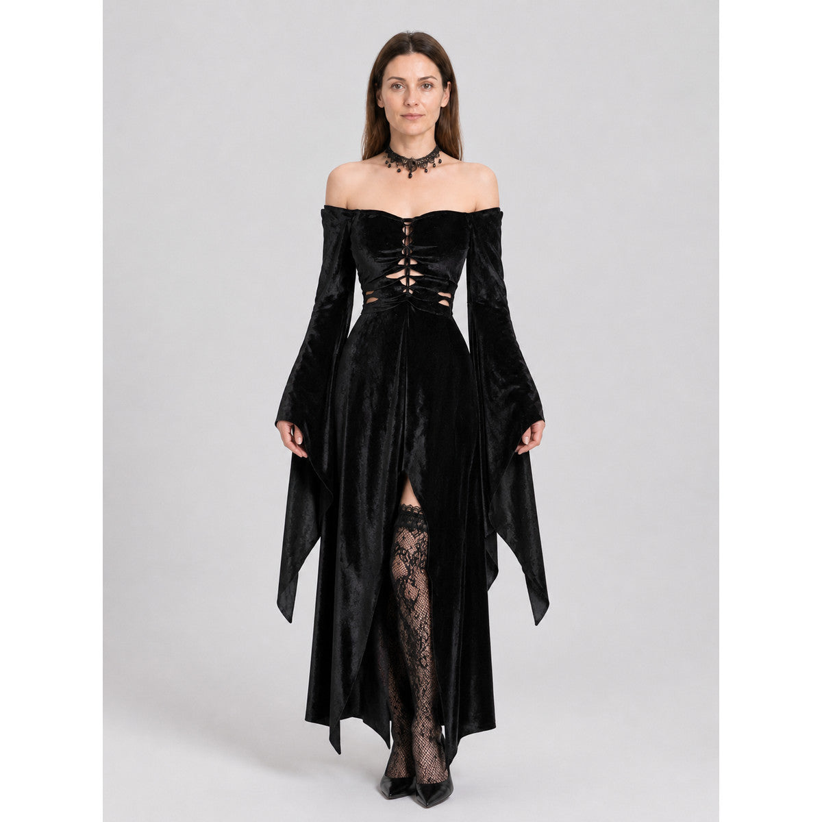 Black Gothic Dress: Off-the-Shoulder Design and Uneven Hem