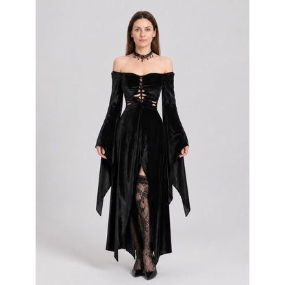 Black Gothic Dress: Off-the-Shoulder Design and Uneven Hem
