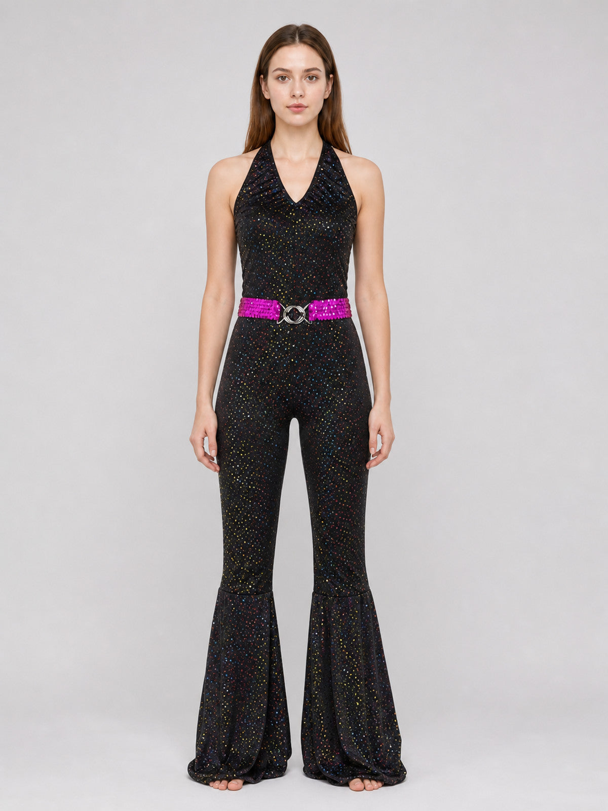 Sequined Jumpsuit with Flared Pants on-model view