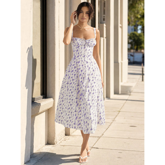Women's Midi Dress with Straps and Drawstring Detail