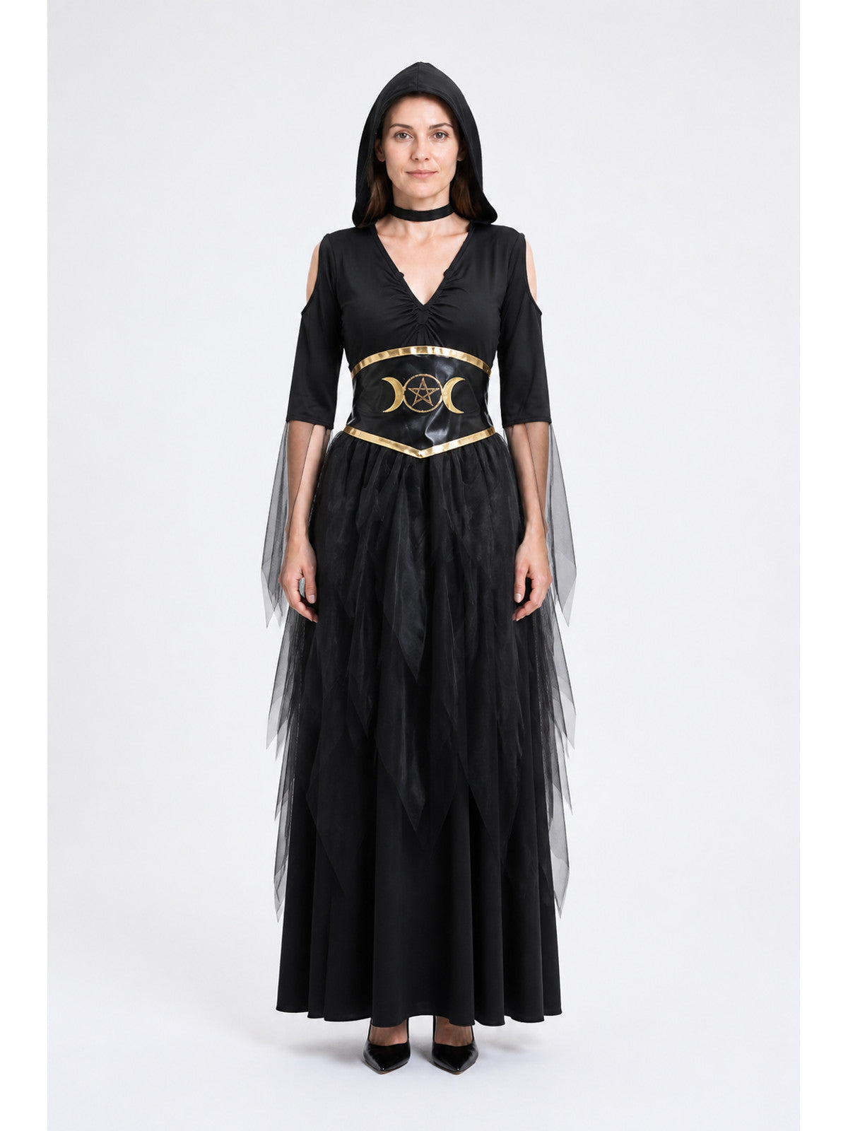 Black Hooded Witch Robe with Gold Moon and Star main product view