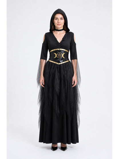 Black Hooded Witch Robe with Gold Moon and Star main product view