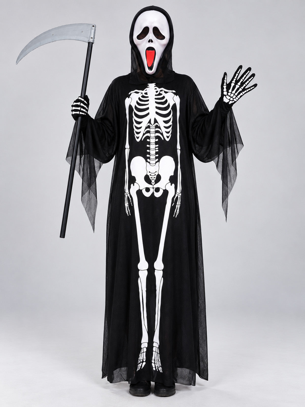 Skeleton Halloween Costume with Mask, Scythe, and Gloves