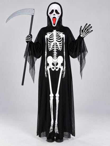 Skeleton Halloween Costume with Mask, Scythe, and Gloves