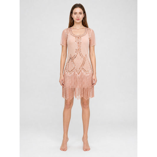 Gatsby-Style Evening Dress with Fringe and Sequins
