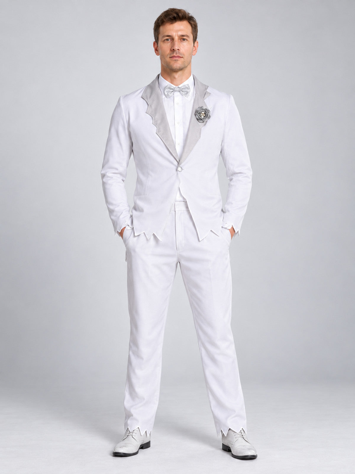 White adult carnival costume with jacket and bow tie