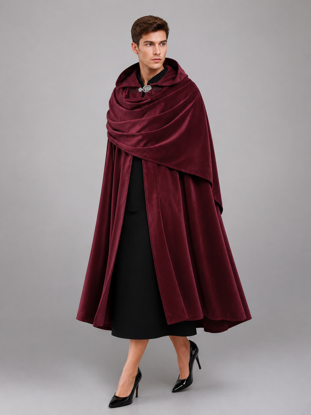 Burgundy Carnival Cloak with a Full Hood front view
