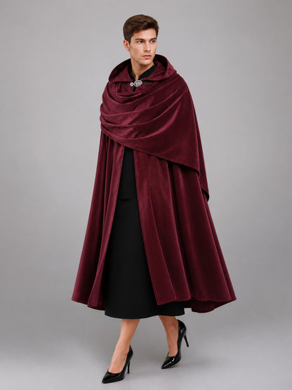 Burgundy Carnival Cloak with a Full Hood front view