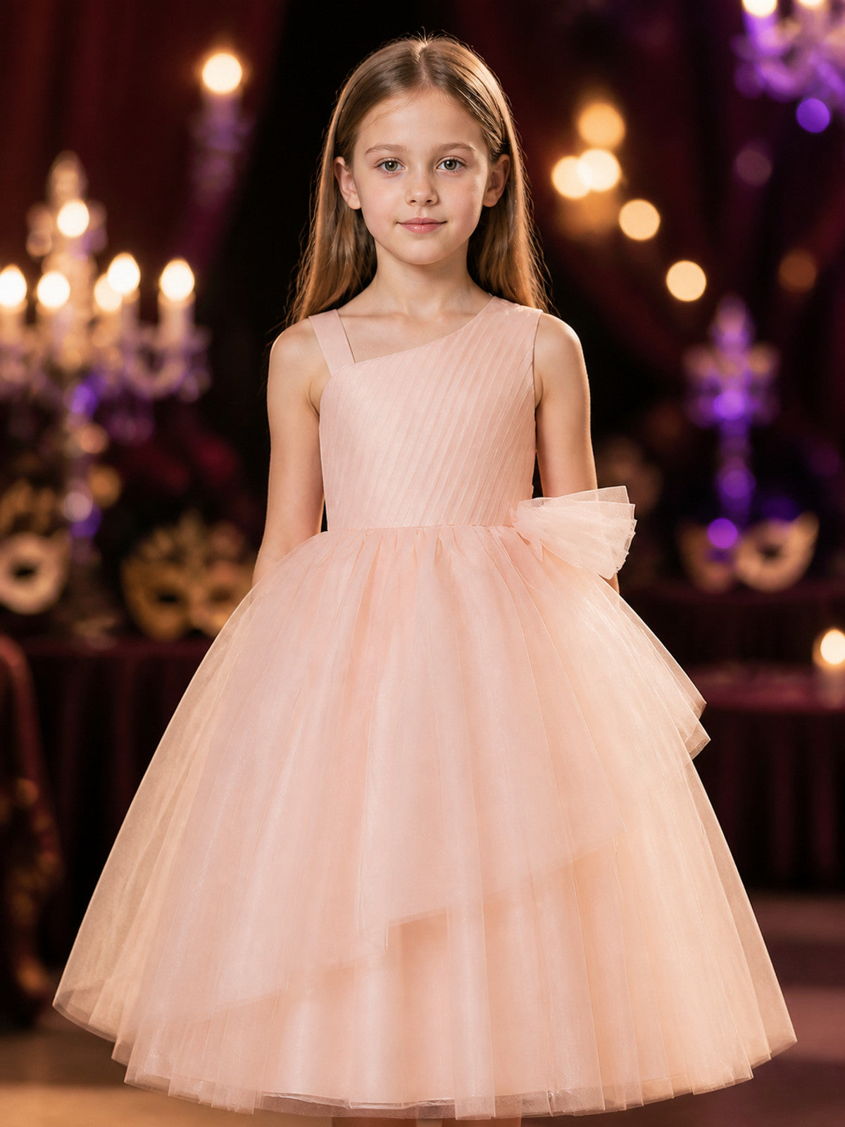 Girls' Blush Pink Princess Dress, One-Shoulder Layered Tulle Party Gown With Bow on-model view