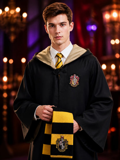 Hufflepuff Wizard Robe Costume Set with Hooded Cloak, Tie and Scarf on-model view