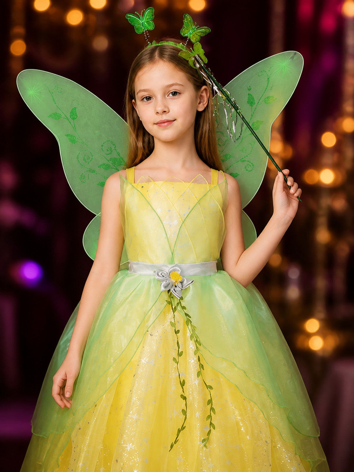 Girls Enchanted Fairy Princess Costume Dress with Wings, Headband & Wand, Green on-model view