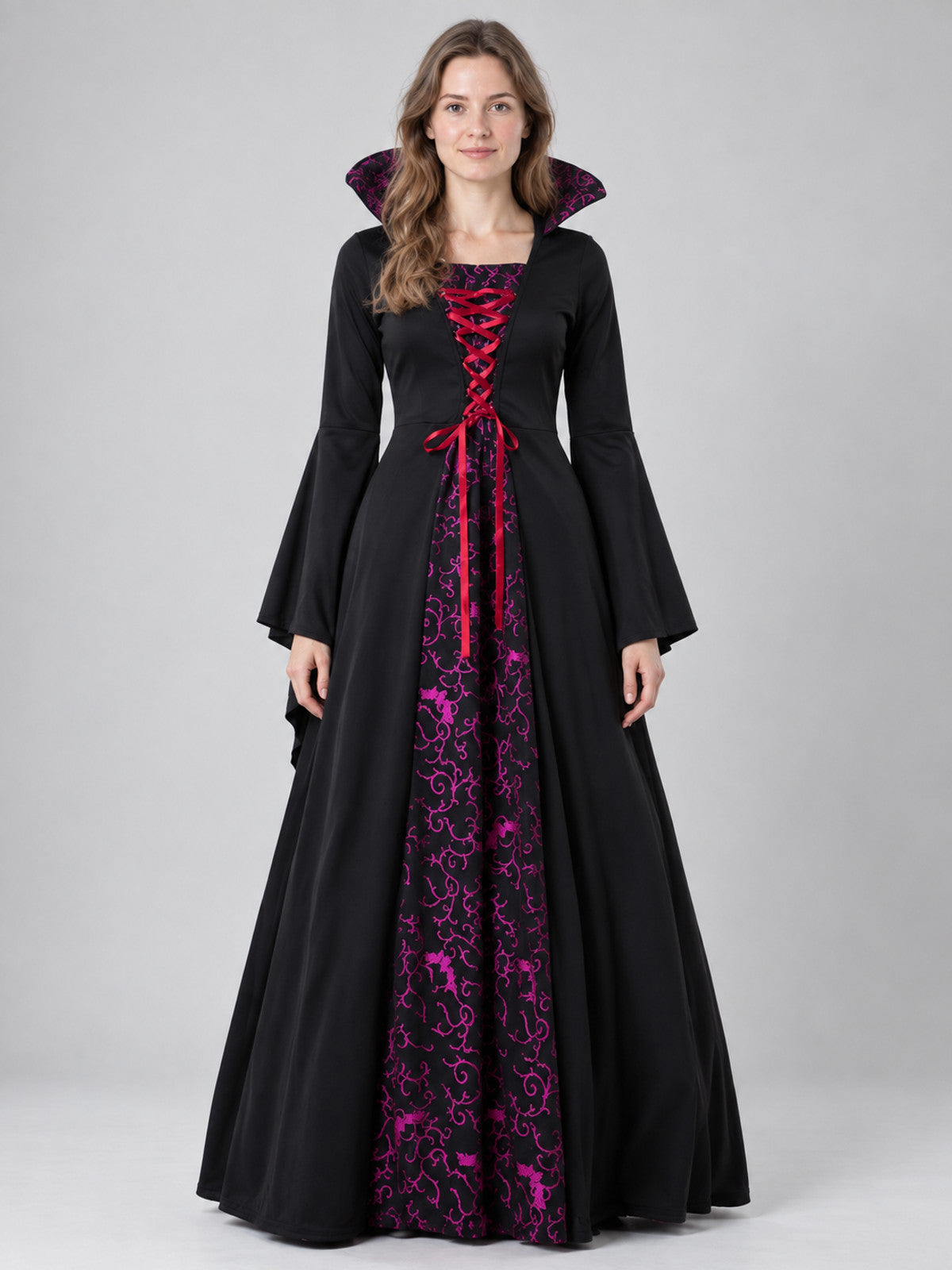 Long Gothic Dress with Lacing and High Collar