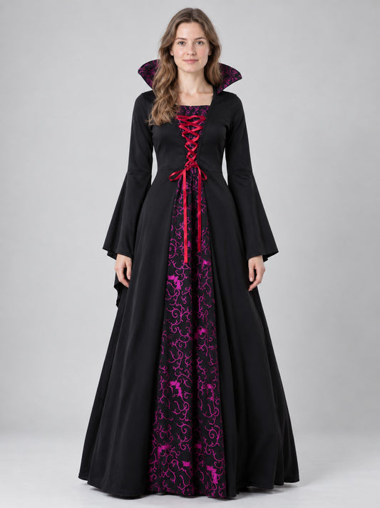 Long Gothic Dress with Lacing and High Collar