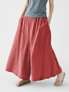 Red Wide Leg Pants, High Waist Elastic Waistband, Solid Color Long Trousers