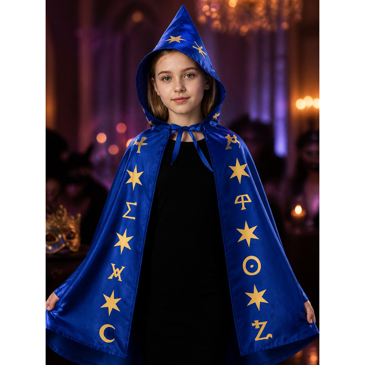 Kids Wizard Cape and Pointed Hat Costume Set, Blue with Gold Star Patterns