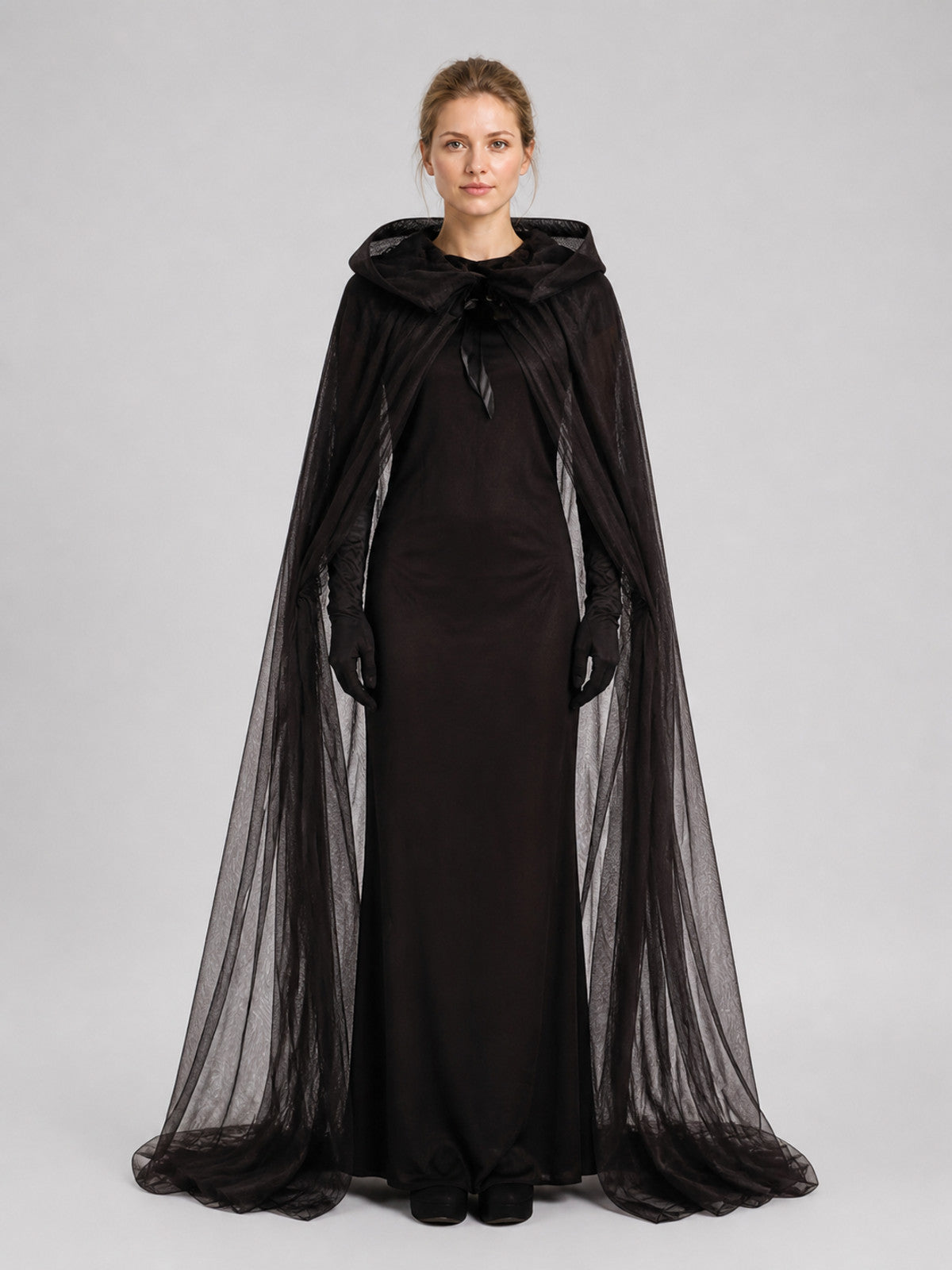 Long Black Hooded Mesh Cloak for Halloween on-model view
