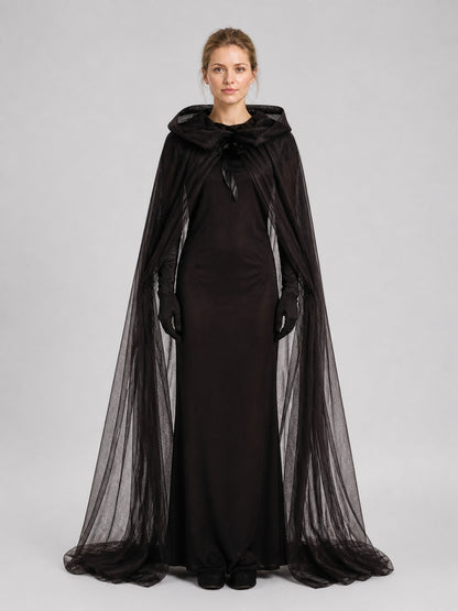 Long Black Hooded Mesh Cloak for Halloween on-model view