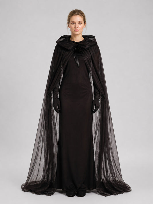 Long Black Hooded Mesh Cloak for Halloween on-model view