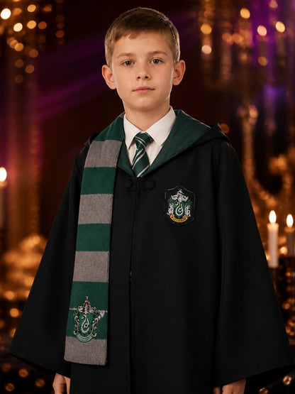 Kids' Slytherin Wizard Costume Set With Hooded Robe, Tie And Scarf on-model view