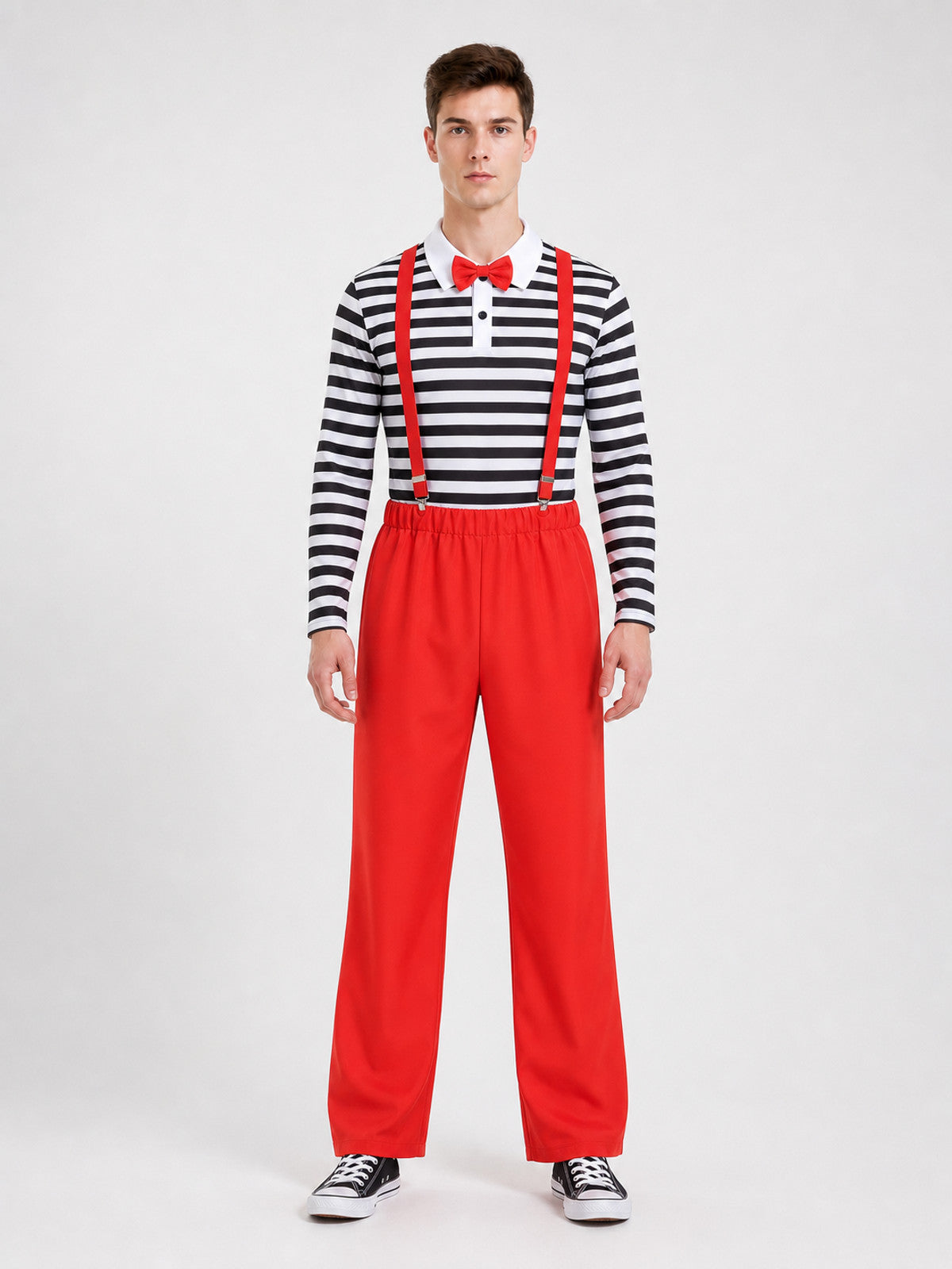 Bright clown costume designed for an expressive stage look and festive front view
