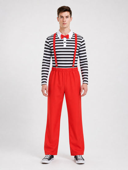 Bright clown costume designed for an expressive stage look and festive front view