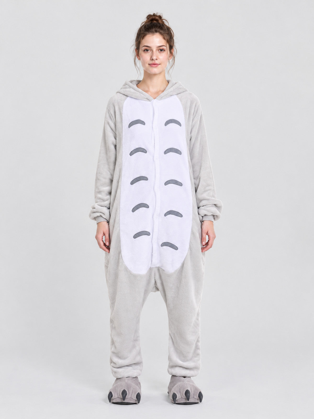 Gray and White Flannel Hooded Pajama Jumpsuit