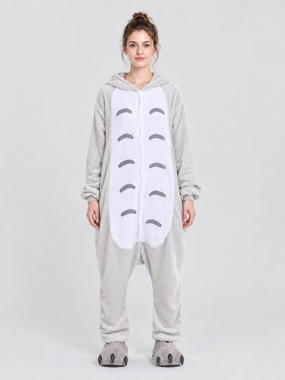 Gray and White Flannel Hooded Pajama Jumpsuit