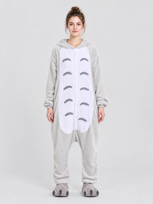 Gray and White Flannel Hooded Pajama Jumpsuit