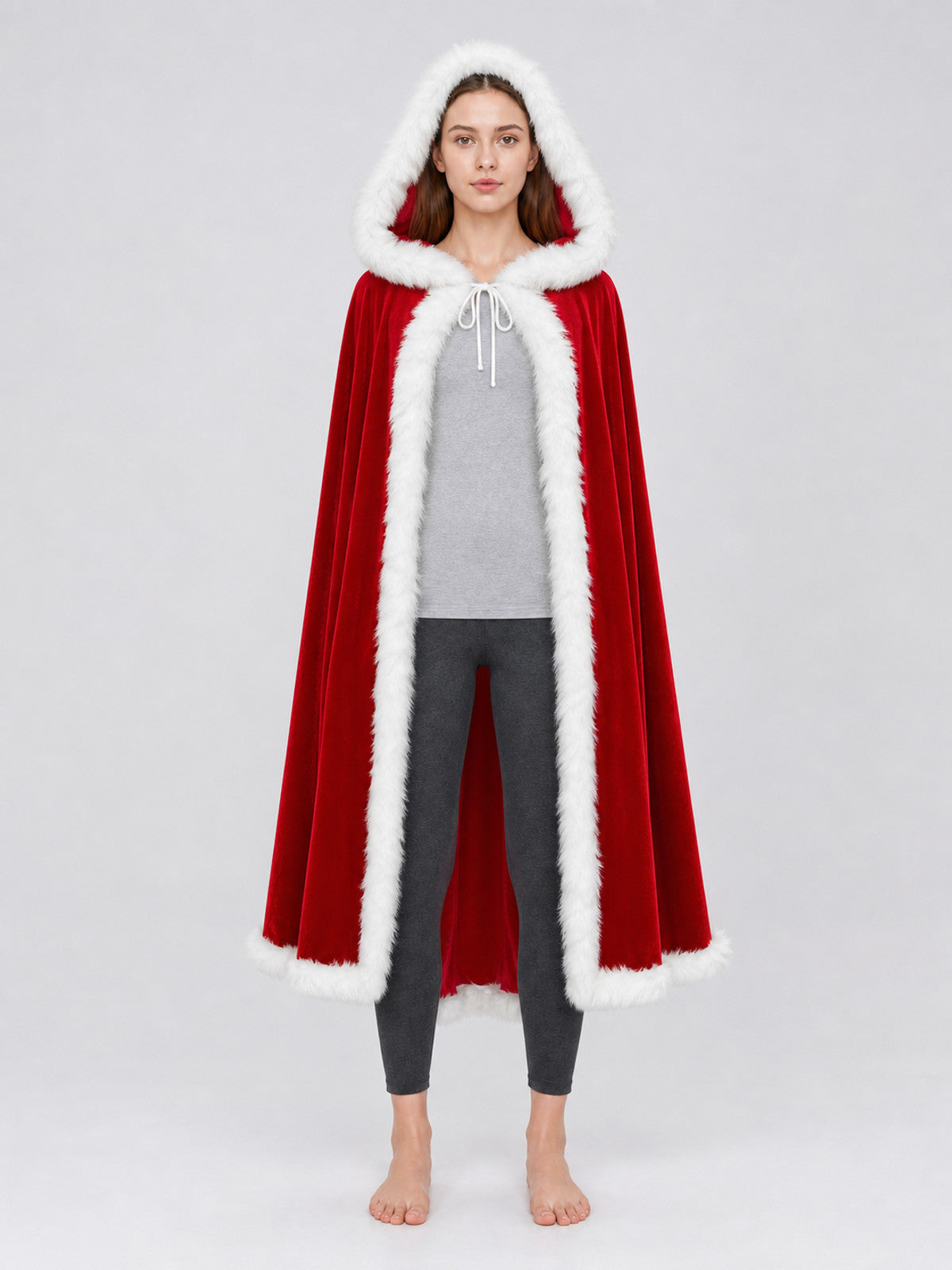 Red Christmas Hooded Cape with Fur Trim on-model view