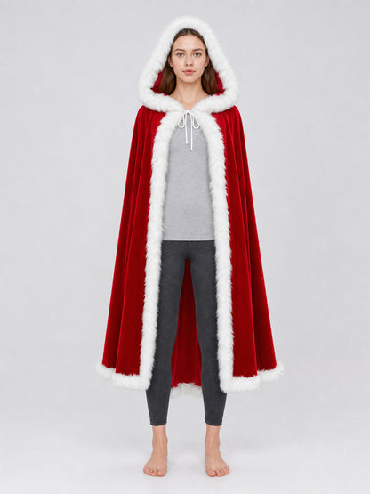 Red Christmas Hooded Cape with Fur Trim on-model view
