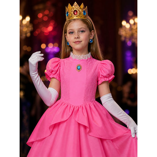 Kids Princess Peach Costume Dress Set with Crown & Gloves Halloween Costume on-model view