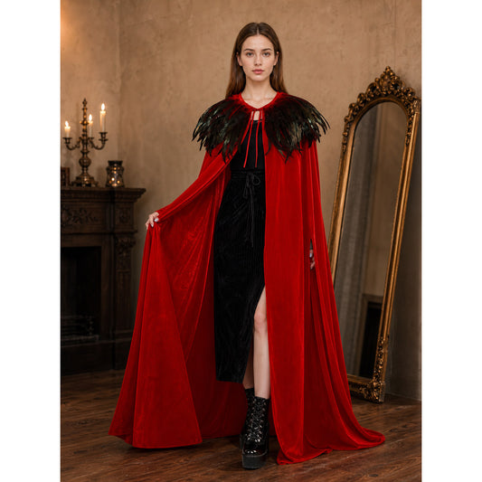 Red Velvet Cape with Feather Trim