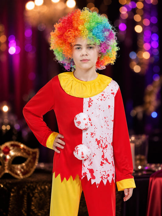 Kids' Clown Costume Jumpsuit Set with Rainbow Afro Wig, Colorful Halloween on-model view