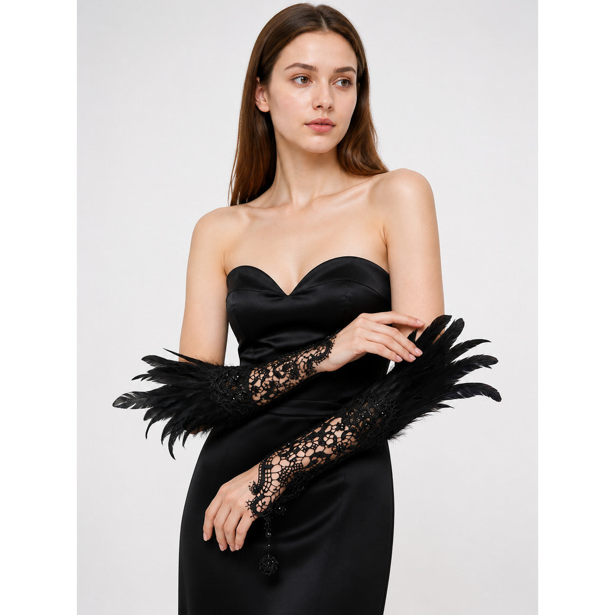 Black Lace Carnival Gloves with Feathers, Pair