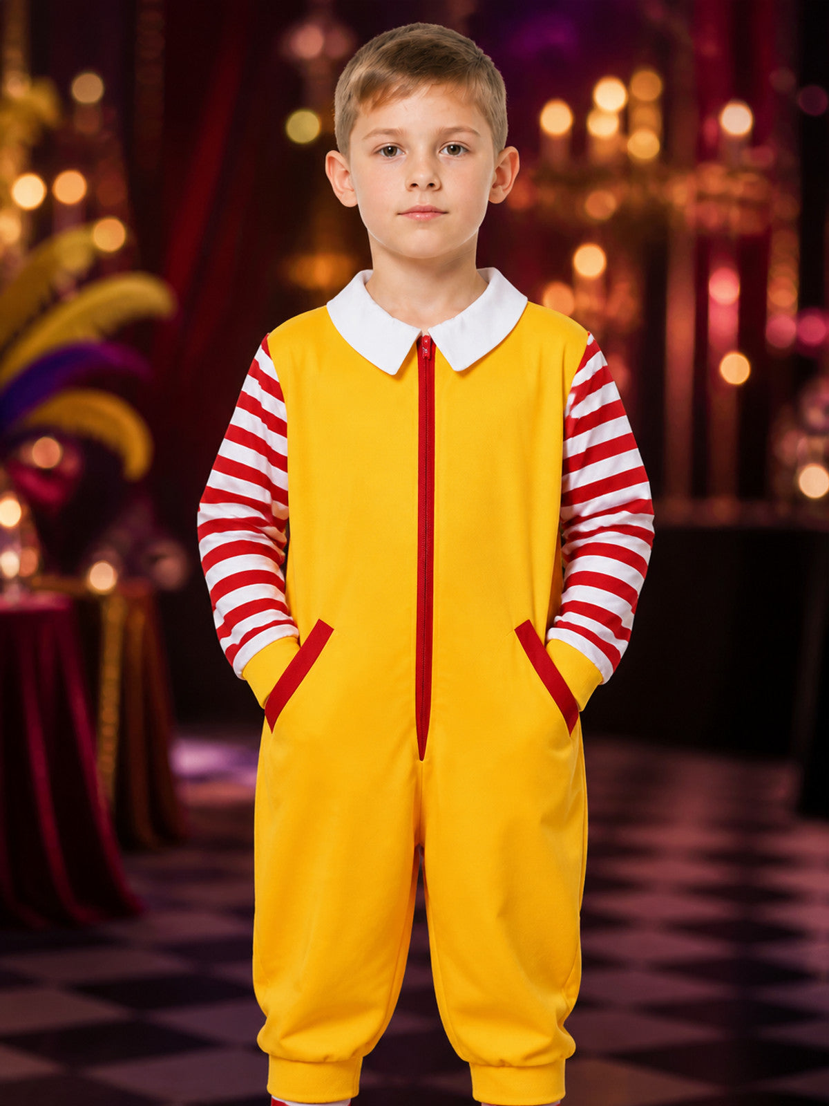 Yellow Clown Jumpsuit Costume, Red-White Striped Sleeves, Halloween Cosplay on-model view