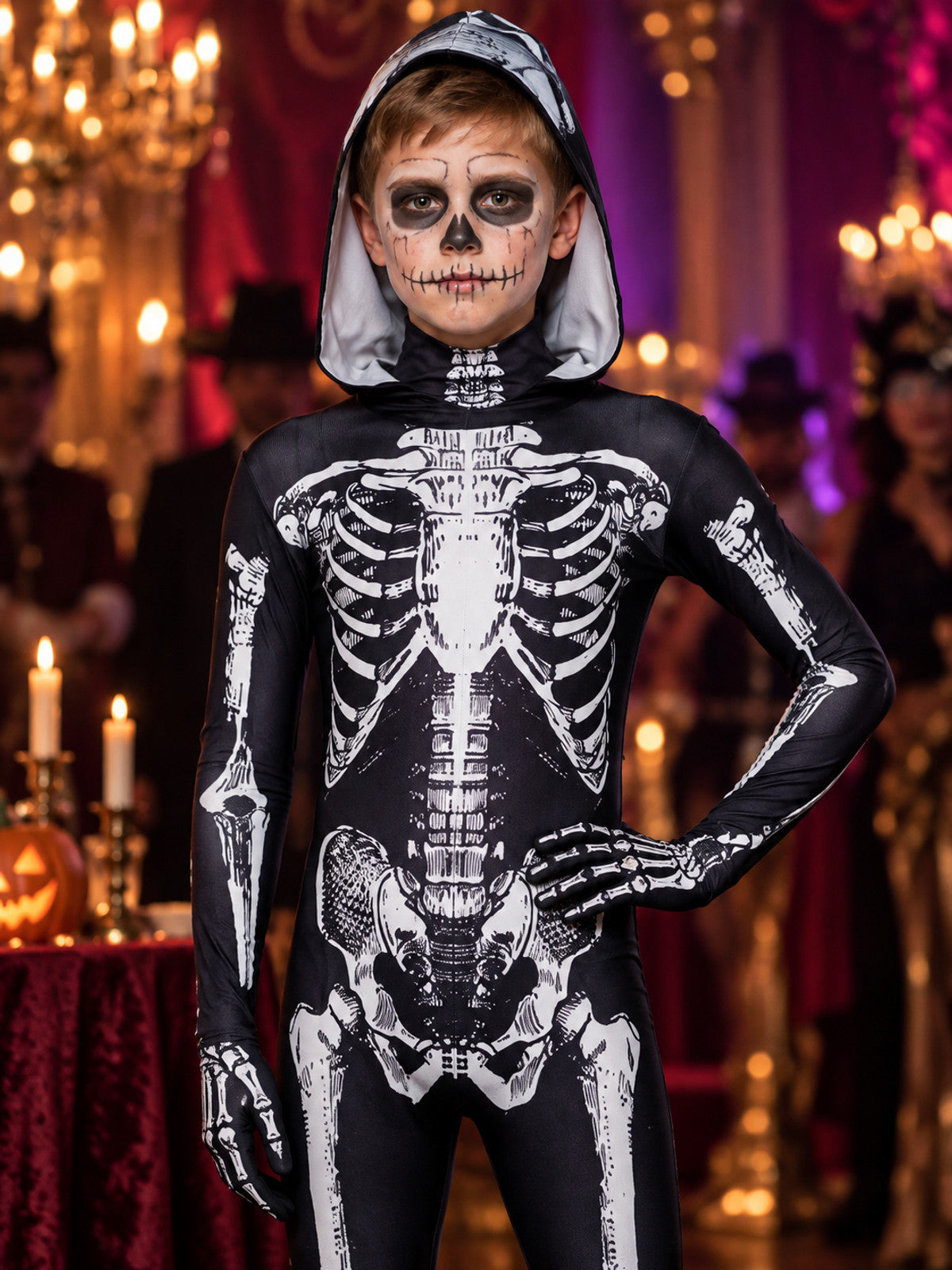 Skeleton Costume: Black Hooded Jumpsuit with Print