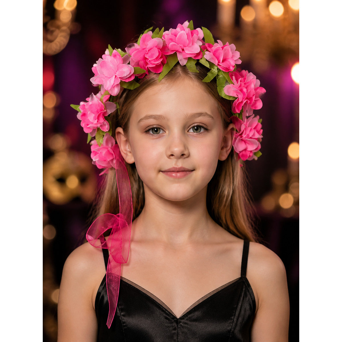 Pink Flower Wreath Headpiece with Green Leaves and Ribbon on-model view