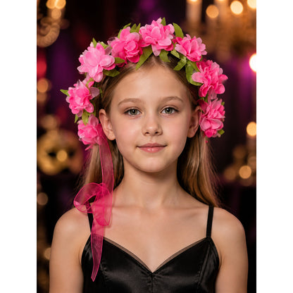 Pink Flower Wreath Headpiece with Green Leaves and Ribbon on-model view
