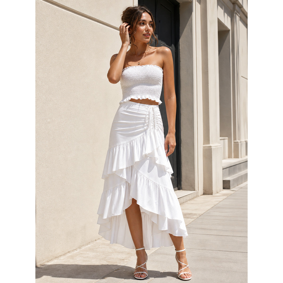 White Asymmetrical Skirt with Tiered Ruffles and Drawstring