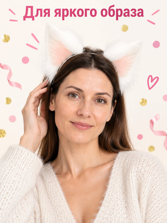 Fox Ear Headband White Pink Faux Fur