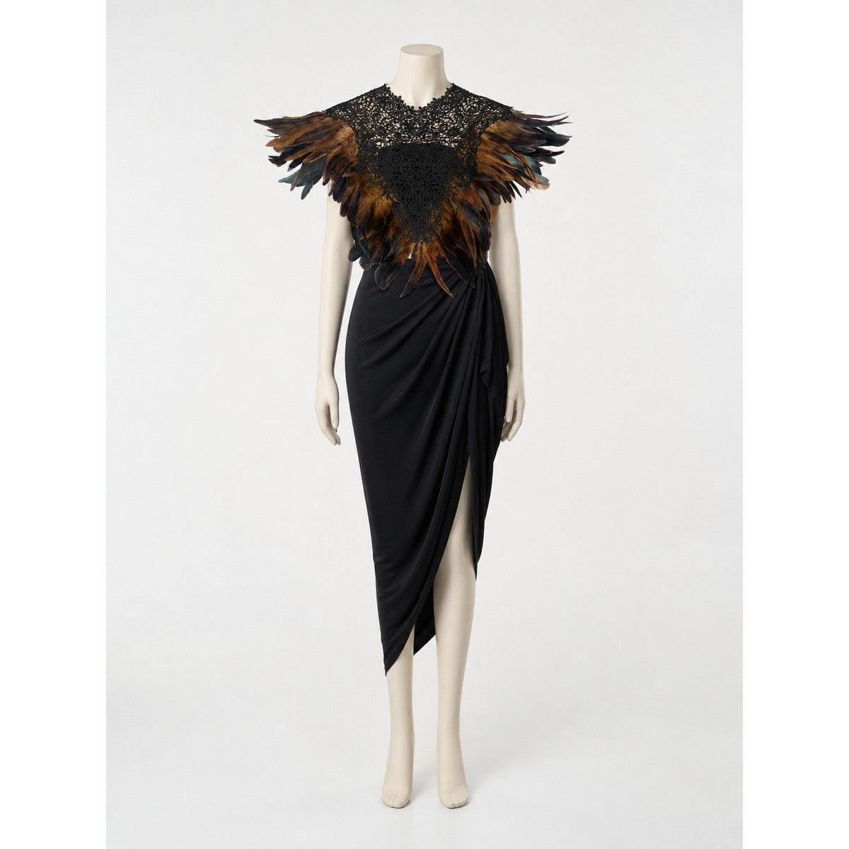 Khaki Feather Lace Shawl, Black Draped Lace Center, Brown & Black Multi-Layer Feather Trim, Floral Cutout Lace, Pointed Edge, Stage Costume