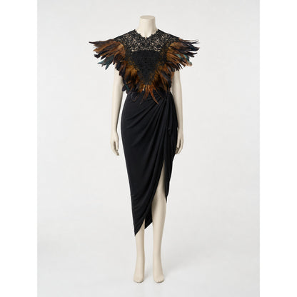 Khaki Feather Lace Shawl, Black Draped Lace Center, Brown & Black Multi-Layer Feather Trim, Floral Cutout Lace, Pointed Edge, Stage Costume