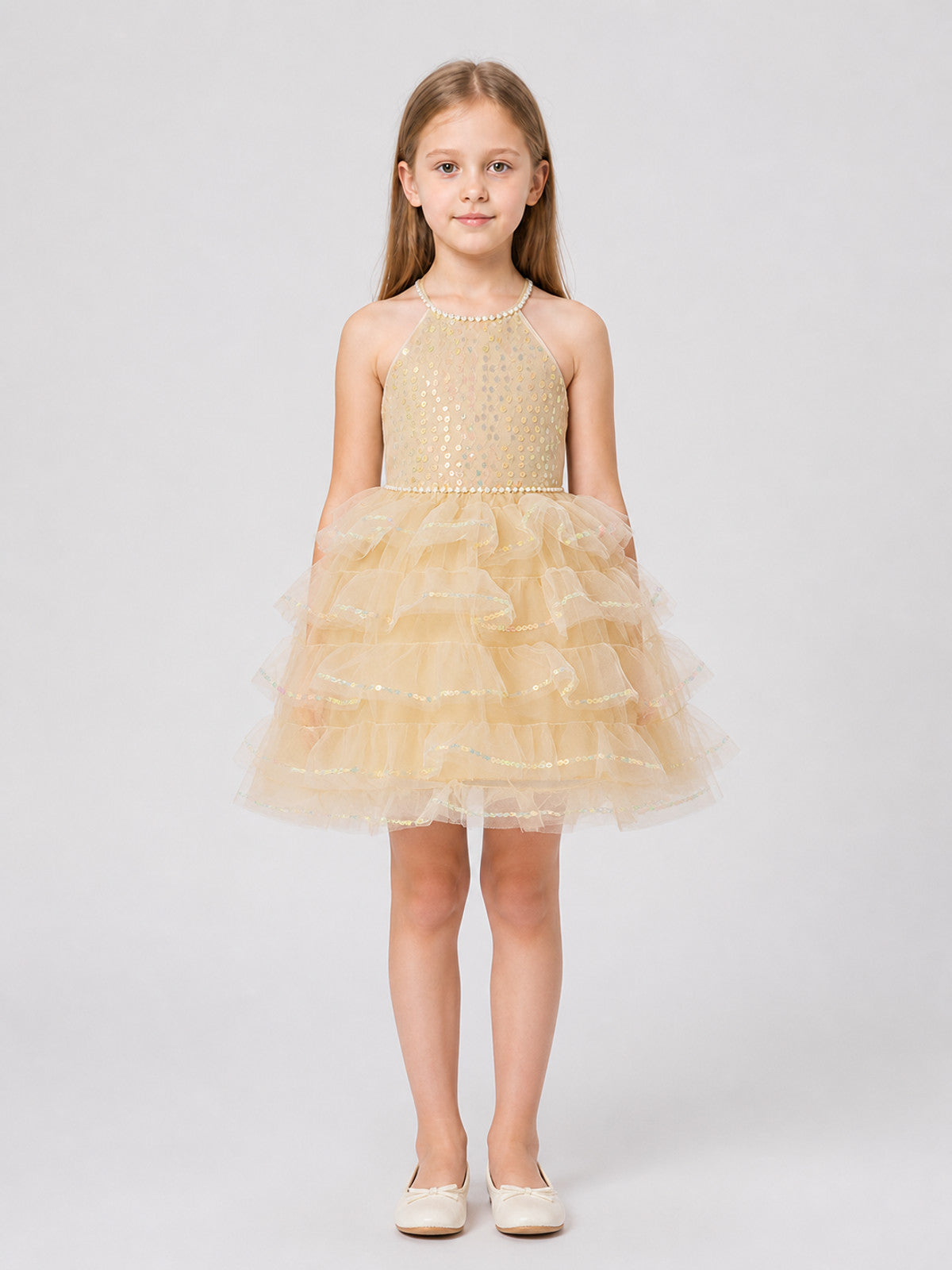 Full Dress with a Tiered Skirt and Pearl Embellishments on-model view